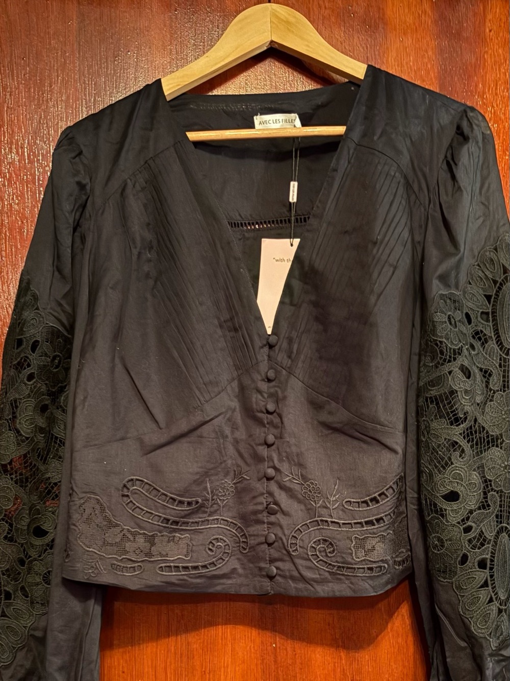 Avec Les Filles Black Embroidered V-Neck Button Blouse